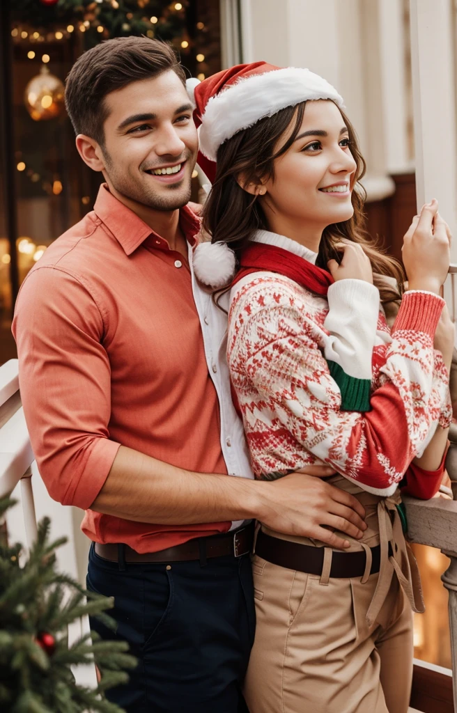 A couple hugging on the balcony during Christmas, they are in Christmas clothes
