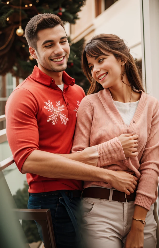 A couple hugging on the balcony during Christmas, they are in Christmas clothes 