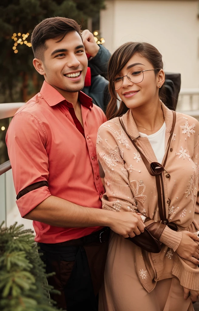 A couple hugging on the balcony during Christmas, they are in Christmas clothes 