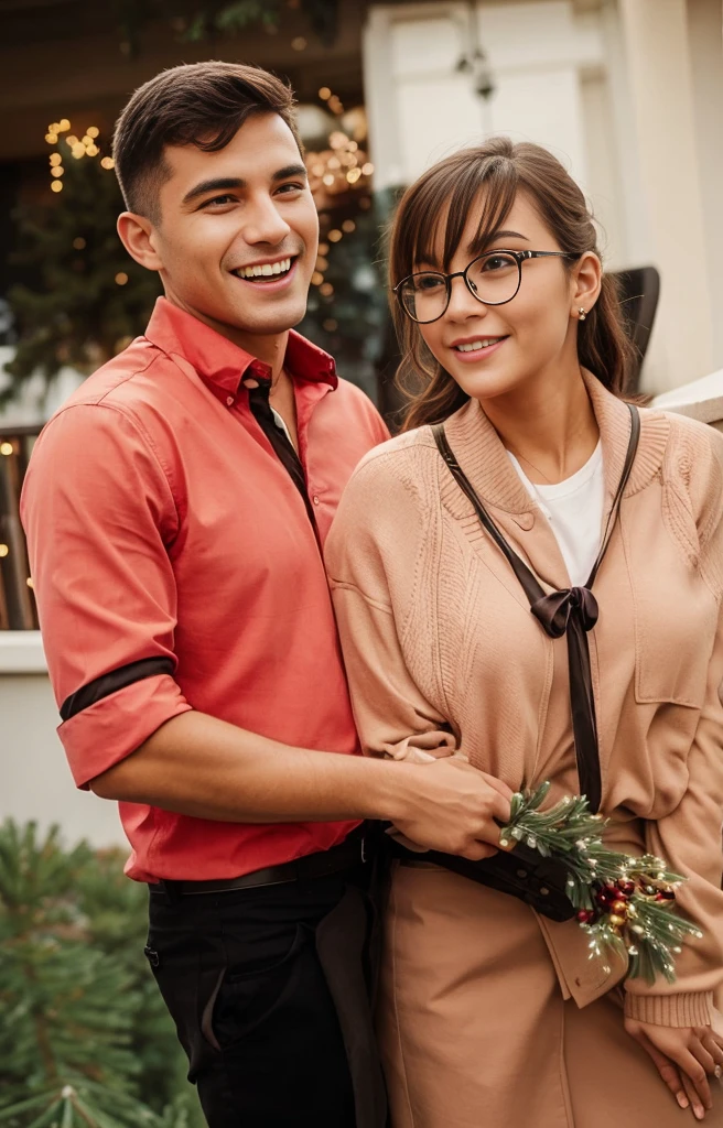 A couple hugging on the balcony during Christmas, they are in Christmas clothes