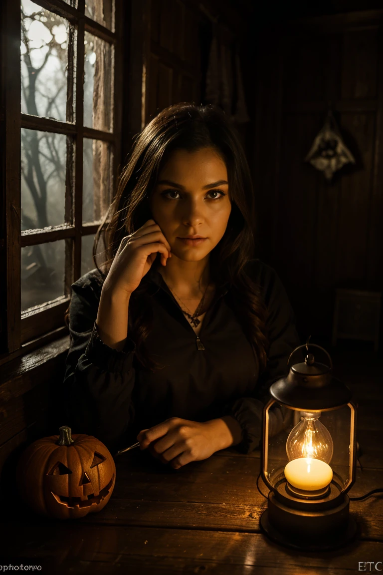 Epic photographic portrait,Amazing movie poster,una hermosa joven bruja, oil lamp near his face, escribiendo en una mesa, ratas alrededor, in a dark cabin without light, a dark forest is visible through the window, tendencia en artstation, professional photo studio, uhd, hola detalles, dramatic lighting, mejor calidad, alta calidad, high resolution, dark horror lighting, estilo halloween, estilo harry potter, studio lighting
