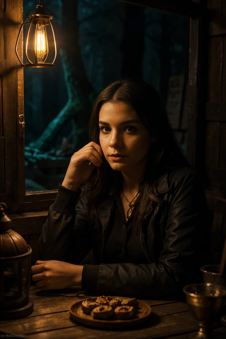 Epic photographic portrait,Amazing movie poster,una hermosa joven bruja, oil lamp near his face, escribiendo en una mesa, ratas alrededor, in a dark cabin without light, a dark forest is visible through the window, tendencia en artstation, professional photo studio, uhd, hola detalles, dramatic lighting, mejor calidad, alta calidad, high resolution, dark horror lighting, estilo halloween, estilo harry potter, studio lighting
