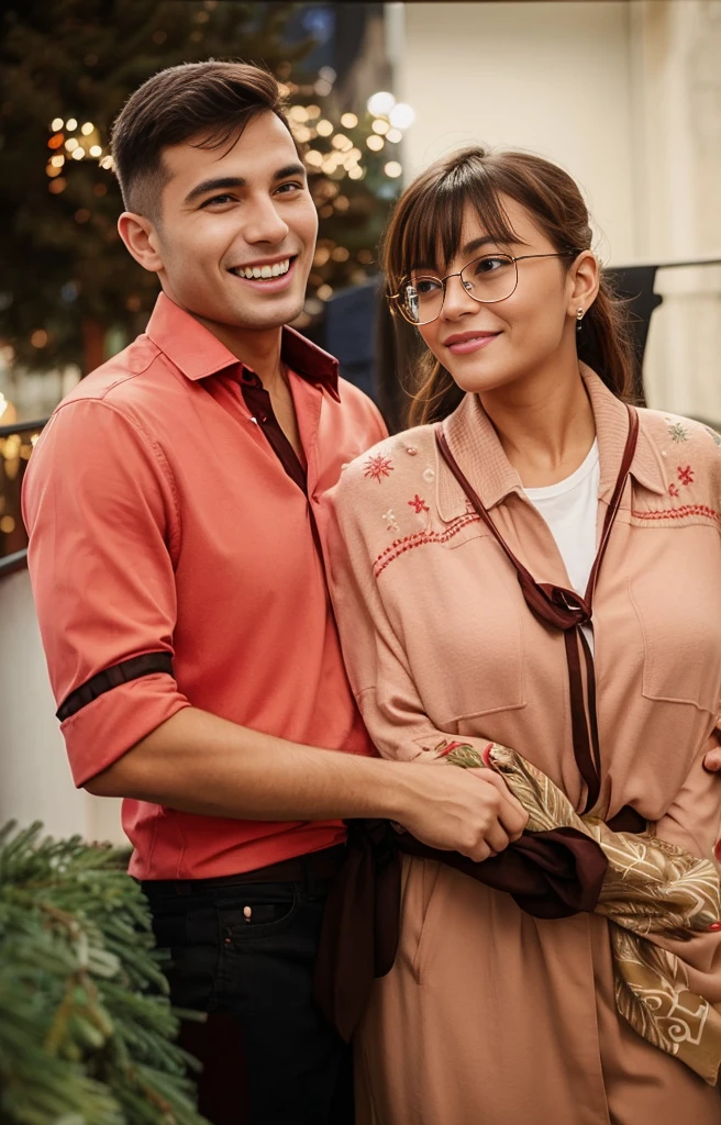A couple hugging on the balcony during Christmas, they are in Christmas clothes
