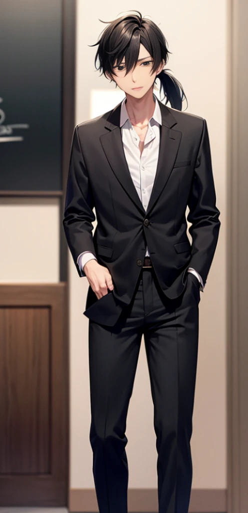 Original, 21 yearold anime mature Man,black hair,pony tail,black eyes,crisp button shirt,blazer,black pants