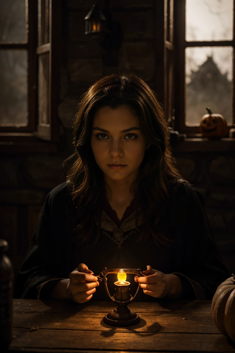 Epic photographic portrait,Amazing movie poster,una hermosa joven bruja, oil lamp near his face, escribiendo en una mesa, ratas alrededor, in a dark cabin without light, a dark forest is visible through the window, tendencia en artstation, professional photo studio, uhd, hola detalles, dramatic lighting, mejor calidad, alta calidad, high resolution, dark horror lighting, estilo halloween, estilo harry potter, studio lighting
