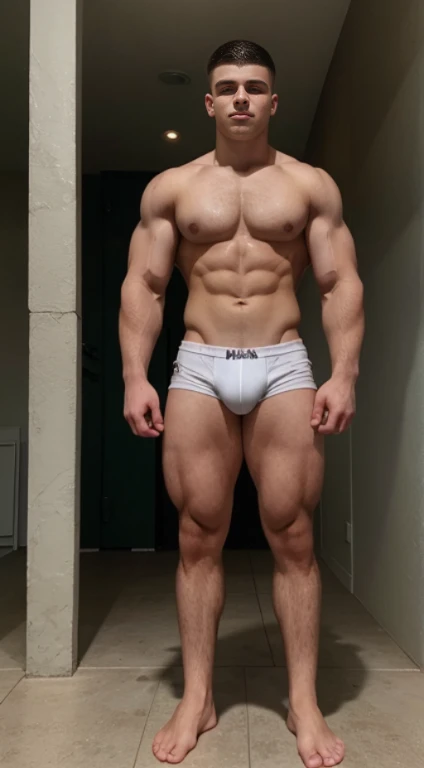 White age boy , MMA, 18 years old, military haircut, black hair, green eyes fixed, affiliated features, no facial hair, height 1.93, weight 100 kg, aesthetic muscular build, broad shoulders, V-shaped body, full body focus, completely hairless,