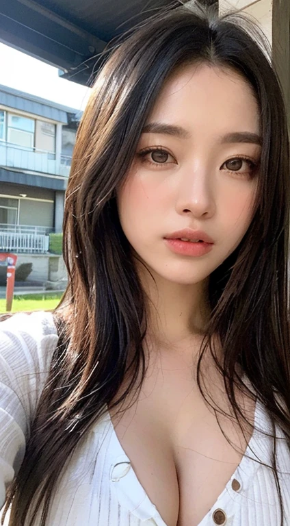 ((best qualtiy, 8K, tmasterpiece:1.3)), Sharp:1.2, perfect figure beautiful woman:1.4, Slim abs:1.2, ((Layered Hair Style, huge :0.9,cle8)), (A long shirt with transparent wet white buttons:1.1ateen,the t:1.2),Get wet:1.5,Highly detailed facial and skin texture,A detailed eye,二重まぶた,Look sideways at the camera