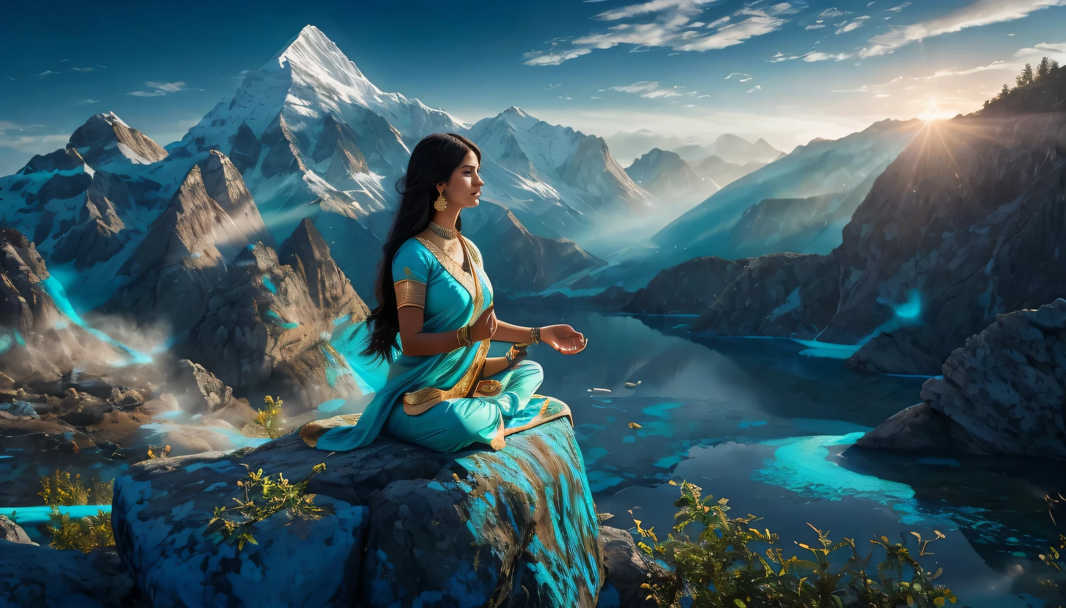 Mulher indiana meditando nas montanhas