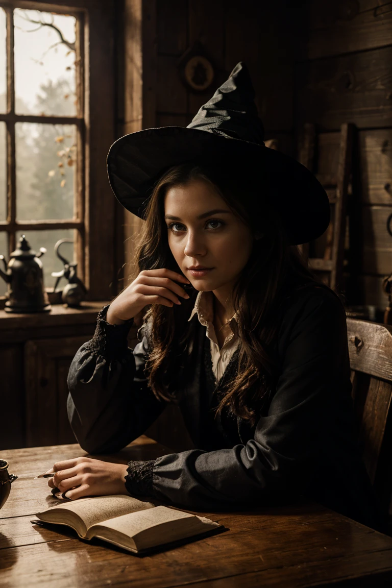 epic photo portrait,amazing movie poster,a beautiful young witch, oil lamp near her face, writing on a table, rats around, in a dark cabin without light, a dark forest is visible through the window, trend in artstation, professional photo studio, uhd, hi details, dramatic lighting, best quality, high quality, high resolution, dark horror lighting, halloween style, harry potter style, studio lighting