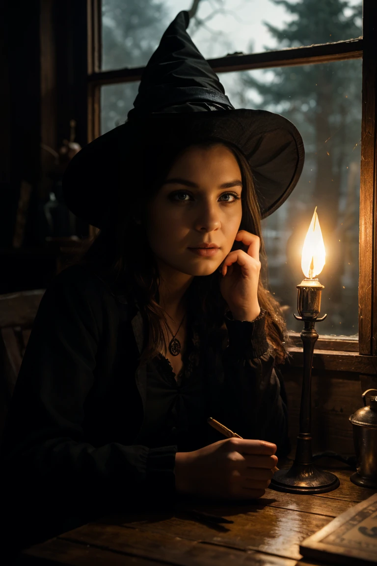 epic photo portrait,amazing movie poster,a beautiful young witch, oil lamp near her face, writing on a table, rats around, in a dark cabin without light, a dark forest is visible through the window, trend in artstation, professional photo studio, uhd, hi details, dramatic lighting, best quality, high quality, high resolution, dark horror lighting, halloween style, harry potter style, studio lighting