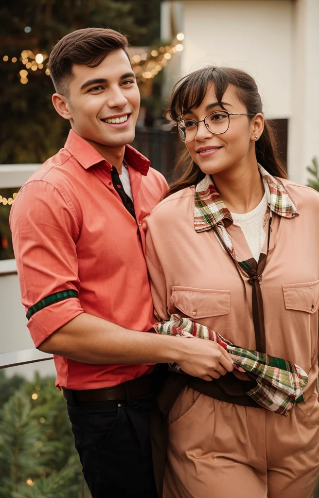 A couple hugging on the balcony during Christmas, they are in Christmas clothes