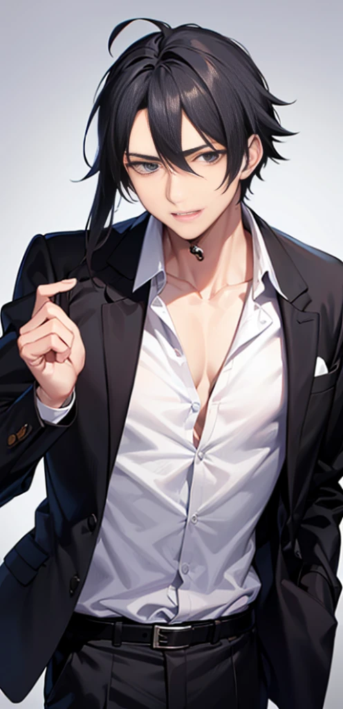 21 yearold anime mature Man,black hair,pony tail,black eyes,crisp button shirt,blazer,black