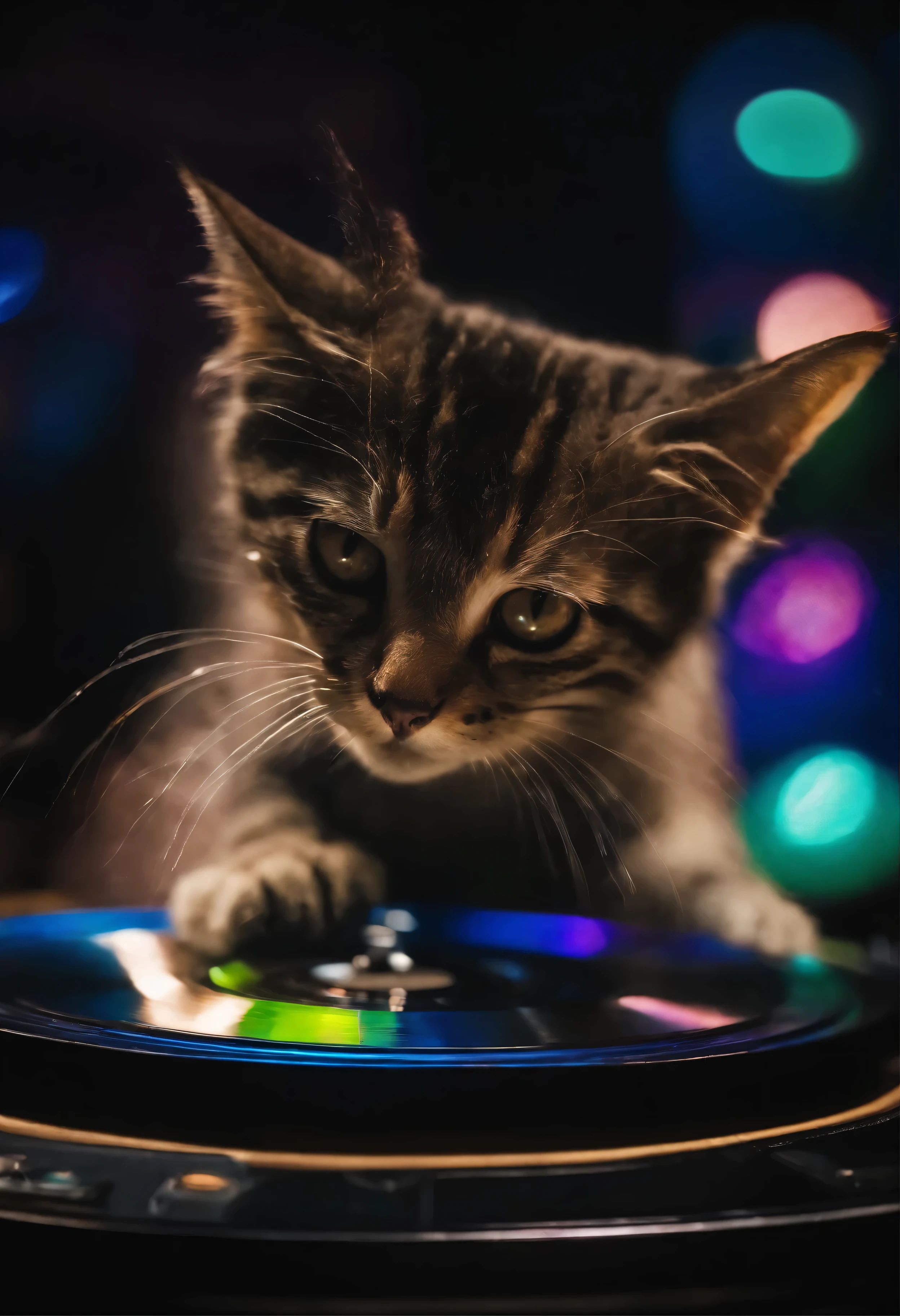 Un DJ monstruoso girando en tocadiscos con un disco de vinilo sobre un fondo negro,, breathtaking rendering, inside a radiant connection, inspirado por Kinuko Y. Oficio,, elementos magicos, icono de gatito, Guau, Es hermoso, Cast a colorful multiple spell, Flash brillante, destello