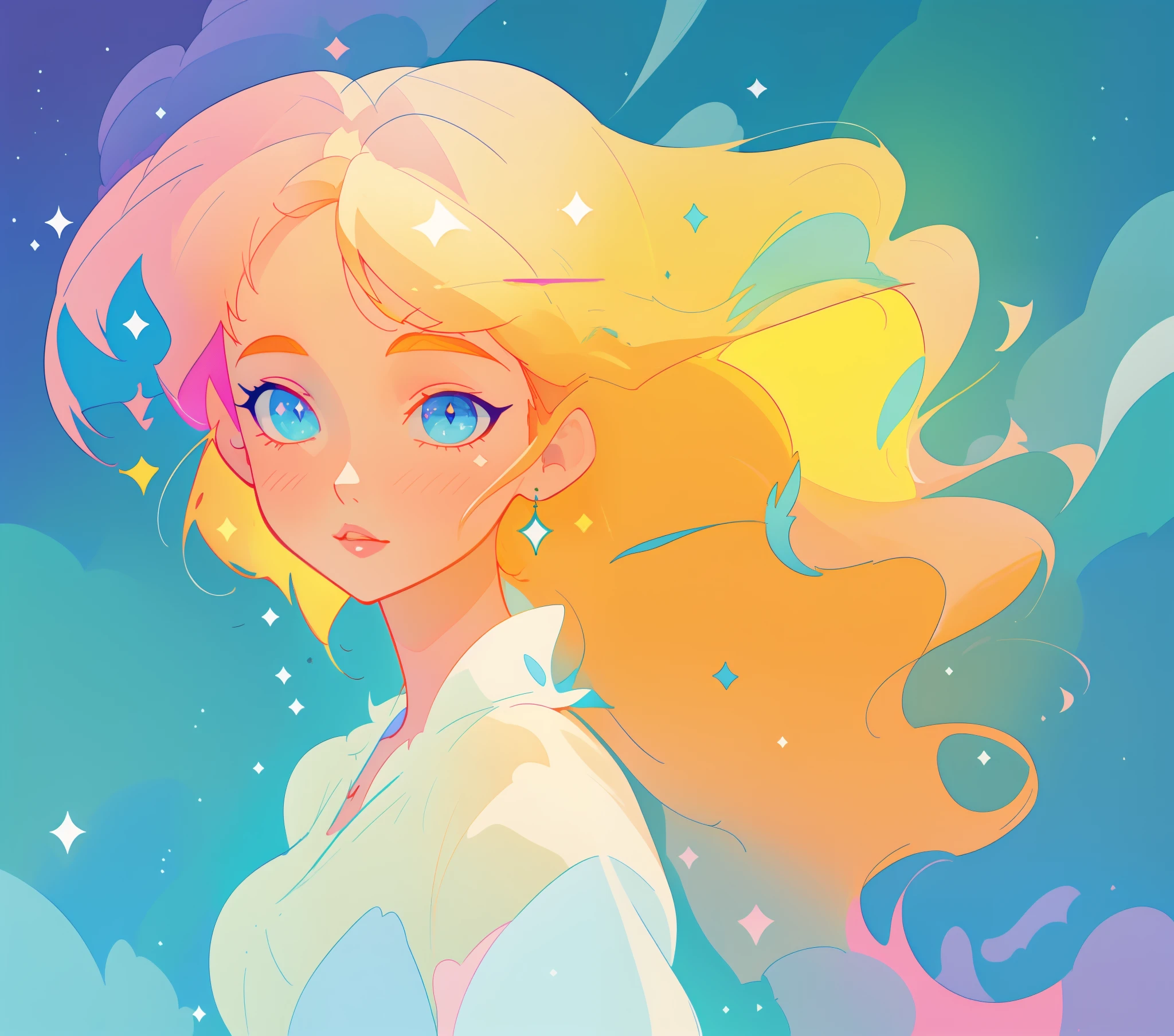 beautiful girl, flowing white gown, vibrant pastel colors, (colorful), magical lights, long flowing golden hair, inspired by Glen Keane, inspired by Lois van Baarle, disney art style, by Lois van Baarle, glowing aura around her, by Glen Keane, jen bartel, glowing lights! digital painting, flowing glowing hair, glowing flowing hair, beautiful digital illustration, fantasia background, whimsical, magical, fantasy, beautiful face, ((masterpiece, best quality)), intricate details, highly detailed, sharp focus, 8k resolution, sparkling detailed eyes, liquid watercolor