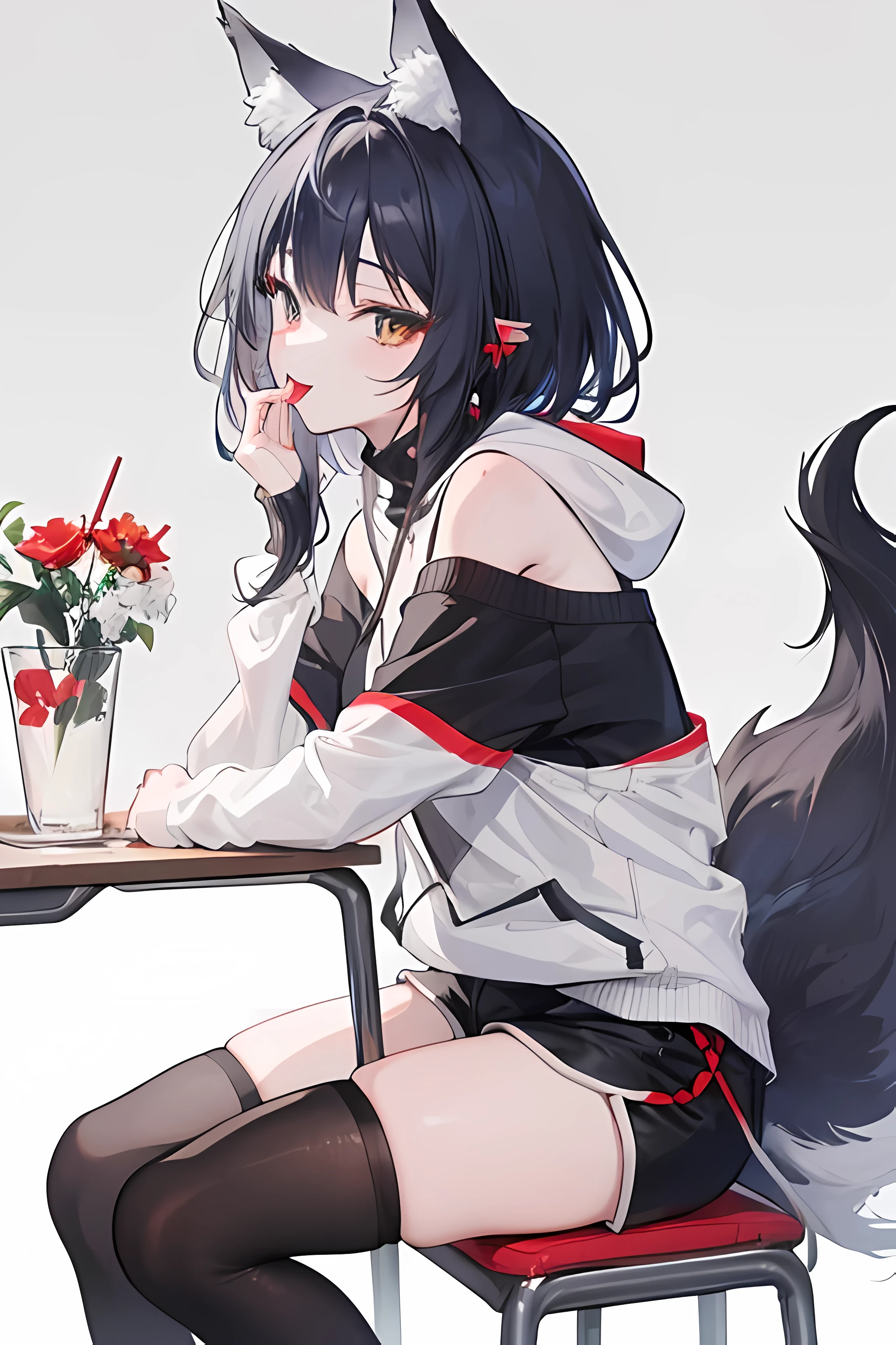 ((best quality)), ((masterpiece)), (detailed), masterpiece, best quality, anime, Sora, ((Boy)), cute, Turtleneck with white stripes, Hoodie off-shoulder,. Sideview, ((Red and Grey eyelack Wolf tail and ears)), ((Really fluffy tail)) Cute expression, Black and white Sport-Shorts with Thigh Highs, tongue sticking out, sitting on a chair with legs crossed