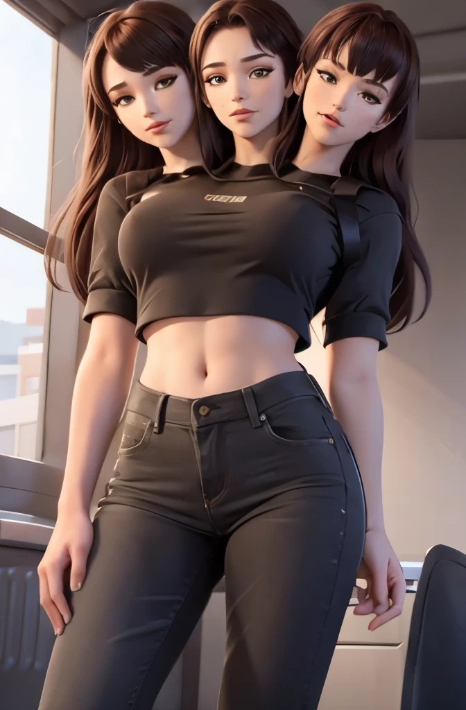  8k,highres, 1girl, (two_heads:1.3), indoors. looking at the viewer, crop top, jeans