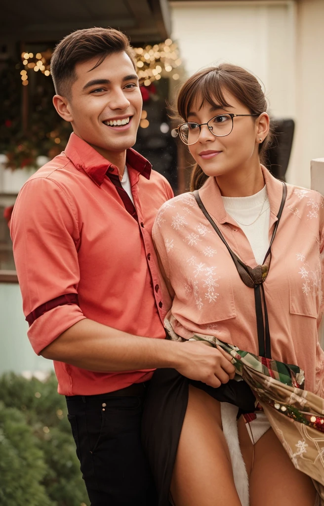 A couple hugging on the balcony during Christmas, they are in Christmas clothes