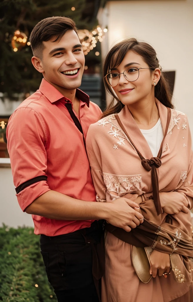 A couple hugging on the balcony during Christmas, they are in Christmas clothes