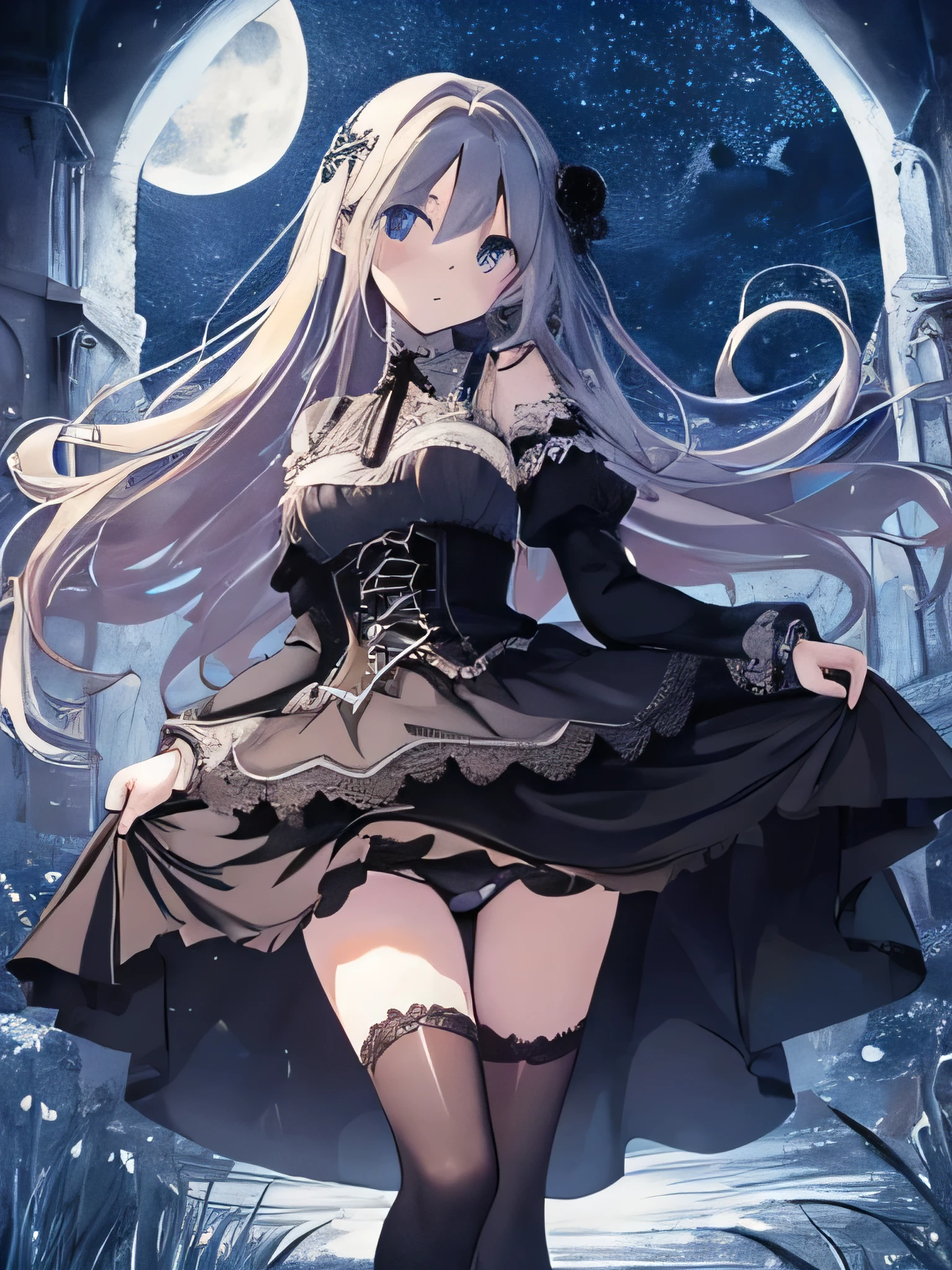 masterpiece, highest quality, figure, 1 girl, gothic dress, cute face, lonely, Night sky with stars and moon, long hair, skirt lift, show off panties