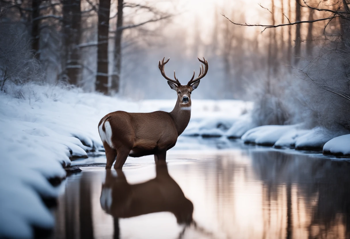 Winter landscape with a deer drinking water from a stream