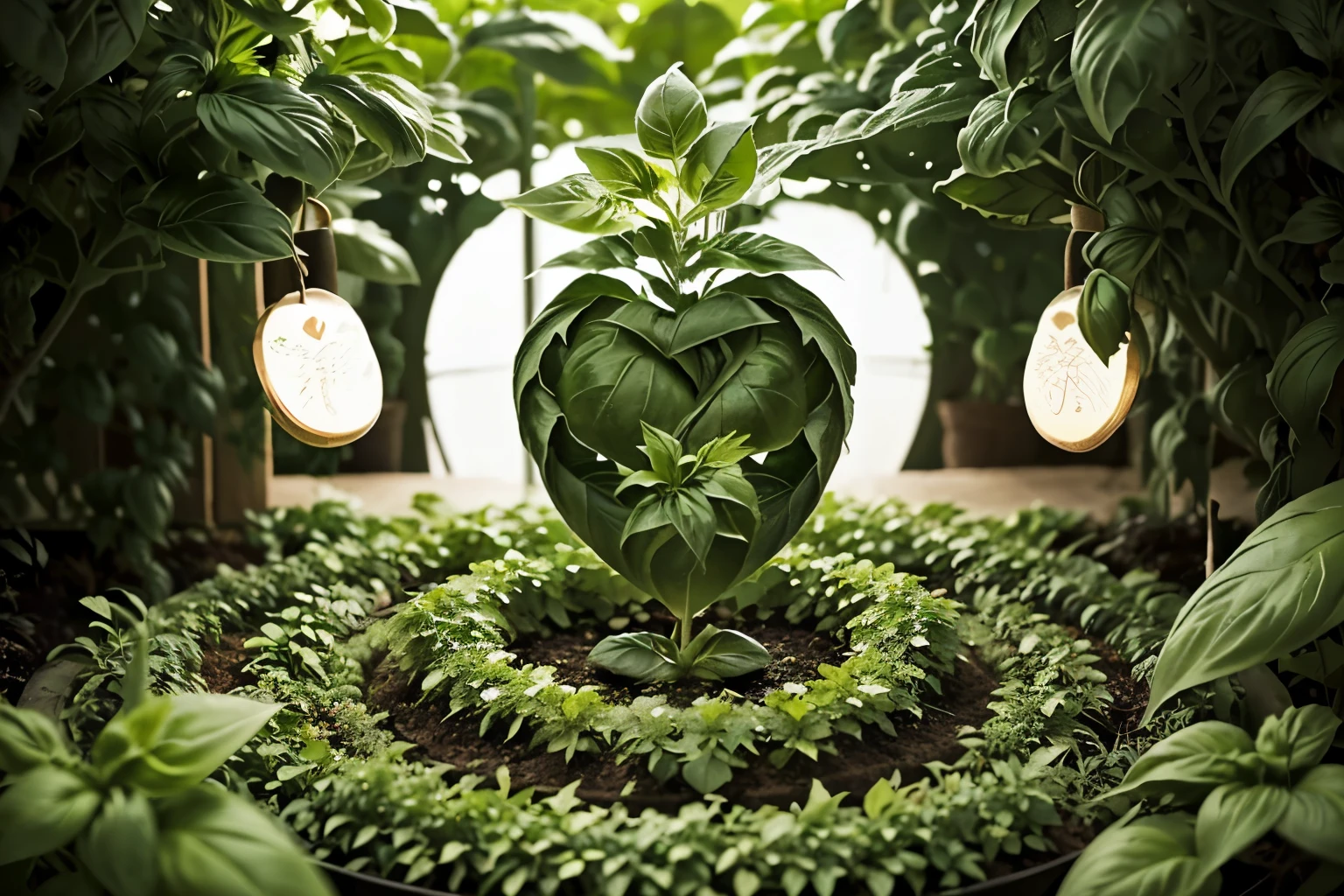 Create an illustration that depicts a (((magic basil garden))), full of life and vitality. Draw several {basil plants} in different shades of green, with lush, aromatic leaves. Around the plants, draw small [cholesterol particles] being purified and transformed into healthy elements, such as hearts or health symbols.