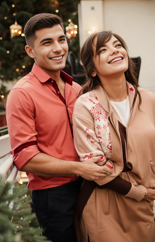 A couple hugging on the balcony during Christmas, they are in Christmas clothes