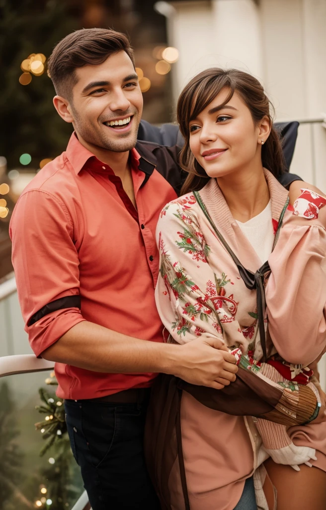 A couple hugging on the balcony during Christmas, they are in Christmas clothes