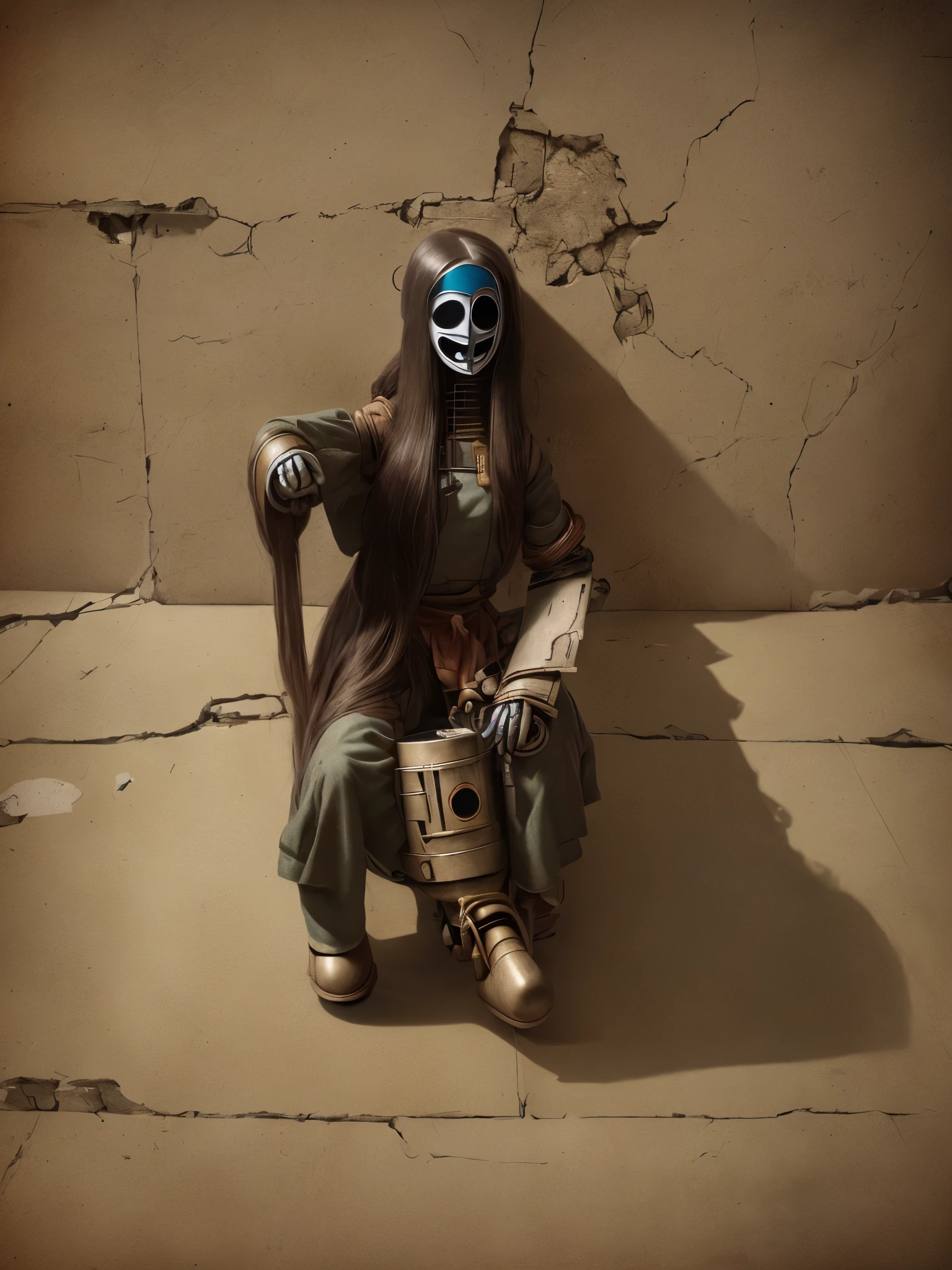 girl with long hair sitting in a chair, in front of cracked wall the robot wearing her human mask, creepy masked marionette puppet, disfigured, traditional Japanese concept art, Andrea's Rocha style, stylized fantasy artwork, anime epic artwork, detailed render, Anime, 8k, detailed, high res