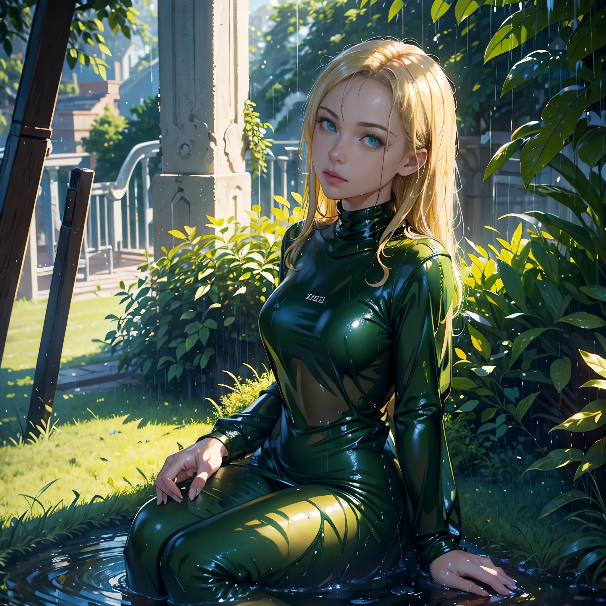 a beautiful young american woman in the rain, dress, sitting, green field, Style-Empire, (Style-Glass), (((surrealism))), full_body_shot, dramatic, backlit, light rays, volumetric lighting, detailed face, highly detailed, painting, wet skin, wet clothes, wet body, wet hair, drenched, soaked, blonde hair, perm, round face, looking at viewer