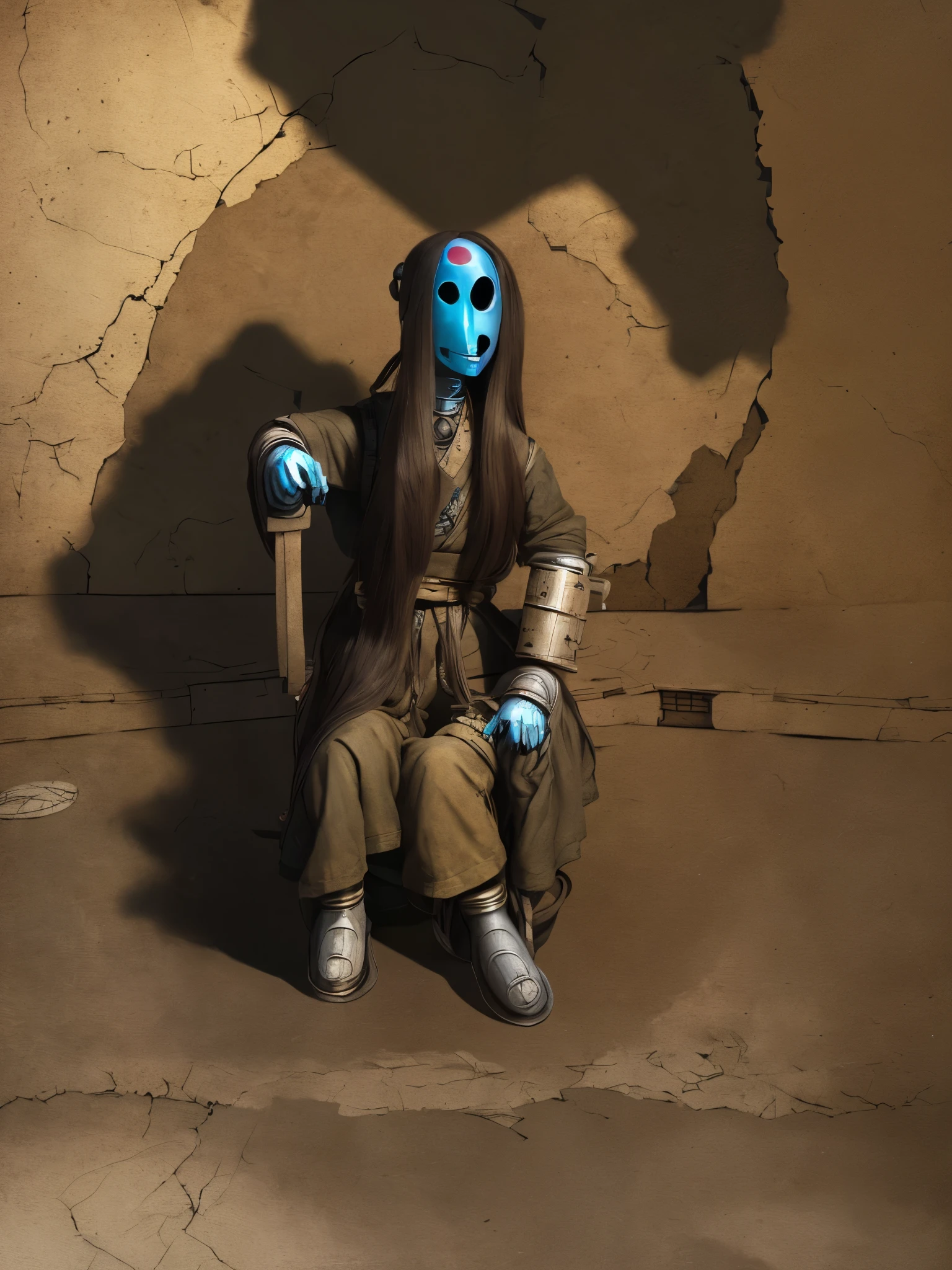 girl with long hair sitting in a chair, in front of cracked wall the robot wearing her human mask, creepy masked marionette puppet, disfigured, traditional Japanese concept art, Andrea's Rocha style, stylized fantasy artwork, anime epic artwork, detailed render, Anime, 8k, detailed, high res