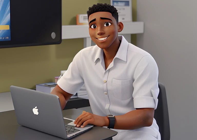 A young black man standing still, very short black hair with a gradient cut, a Mackbook in front of him, black eyes, smiling and wearing a white tommy hifilger dress shirt