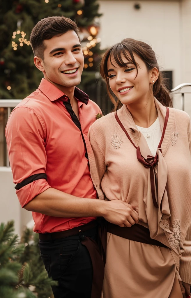 A couple hugging on the balcony during Christmas, they are in Christmas clothes 