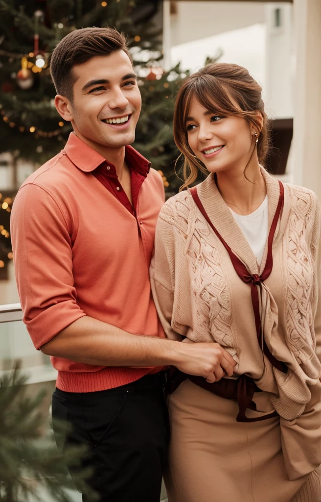 A couple hugging on the balcony during Christmas, they are in Christmas clothes