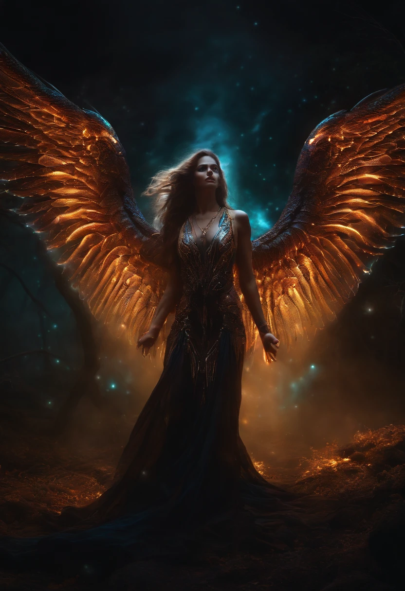 Cosmic Fallen Angel, glowing light eyes, Biomechanical, eerie, Creepy, nightmarish, Very bright colors, Light particles, with light glowing, Mshiff, wallpaper art, UHD wallpaper Mulher serpente