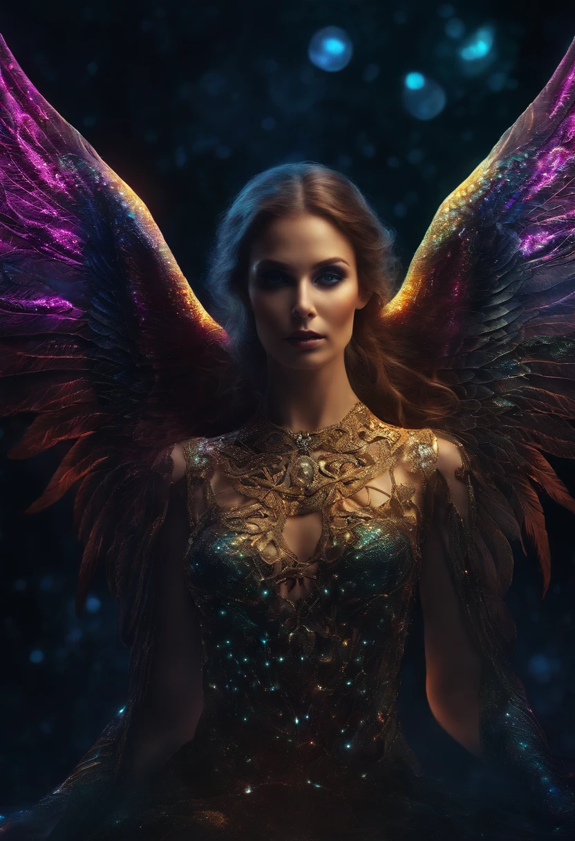 Cosmic Fallen Angel, glowing light eyes, Biomechanical, eerie, Creepy, nightmarish, Very bright colors, Light particles, with light glowing, Mshiff, wallpaper art, UHD wallpaper Mulher serpente