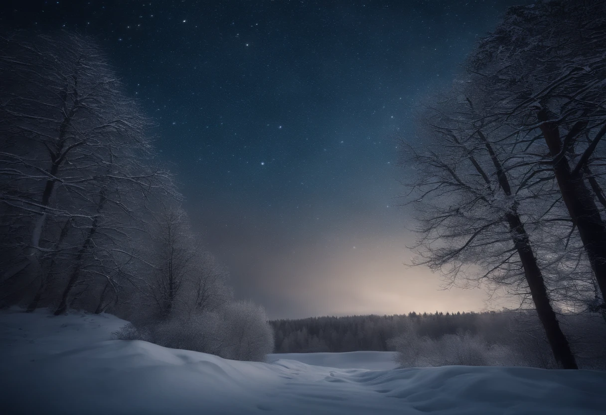 A winter landscape showing different types of trees on a starry night

