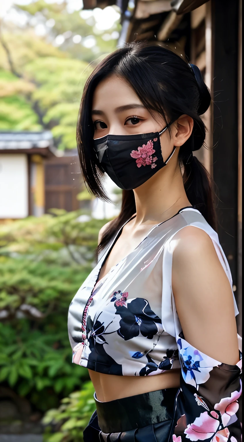 最high quality、high quality、best image quality、8K、最High resolution、High resolution、最high quality、masterpiece、RAW photo、realistic atmosphere、(detailed face)、(fine hands、thumb１reference４)、(beauty of japan )、very nice face、cute face、((beautiful japanese girl))、(japanese woman), ((18 year old beautiful girl))、(glossy black hair)、(straight long hair)、(ponytail)、whole body、slim style、(shiny skin)、(Fair skin, Glossy skin)、real human skin、realistic human body structure、perfect body， perfect face， perfect hands， perfect fingers， perfect lips， perfect eyes，perfect teeth、perfect background， perfect atmosphere， natural soft light、photon mapping、Ainu ethnic clothing、Miko costume、japanese traditional、(kunoichi kimono)、In front of an old Japanese samurai residence、((Transparent sheer dark color(floral crop top kimono、side slit mini skirt、mouth mask))、Dynamic pose with combat in mind