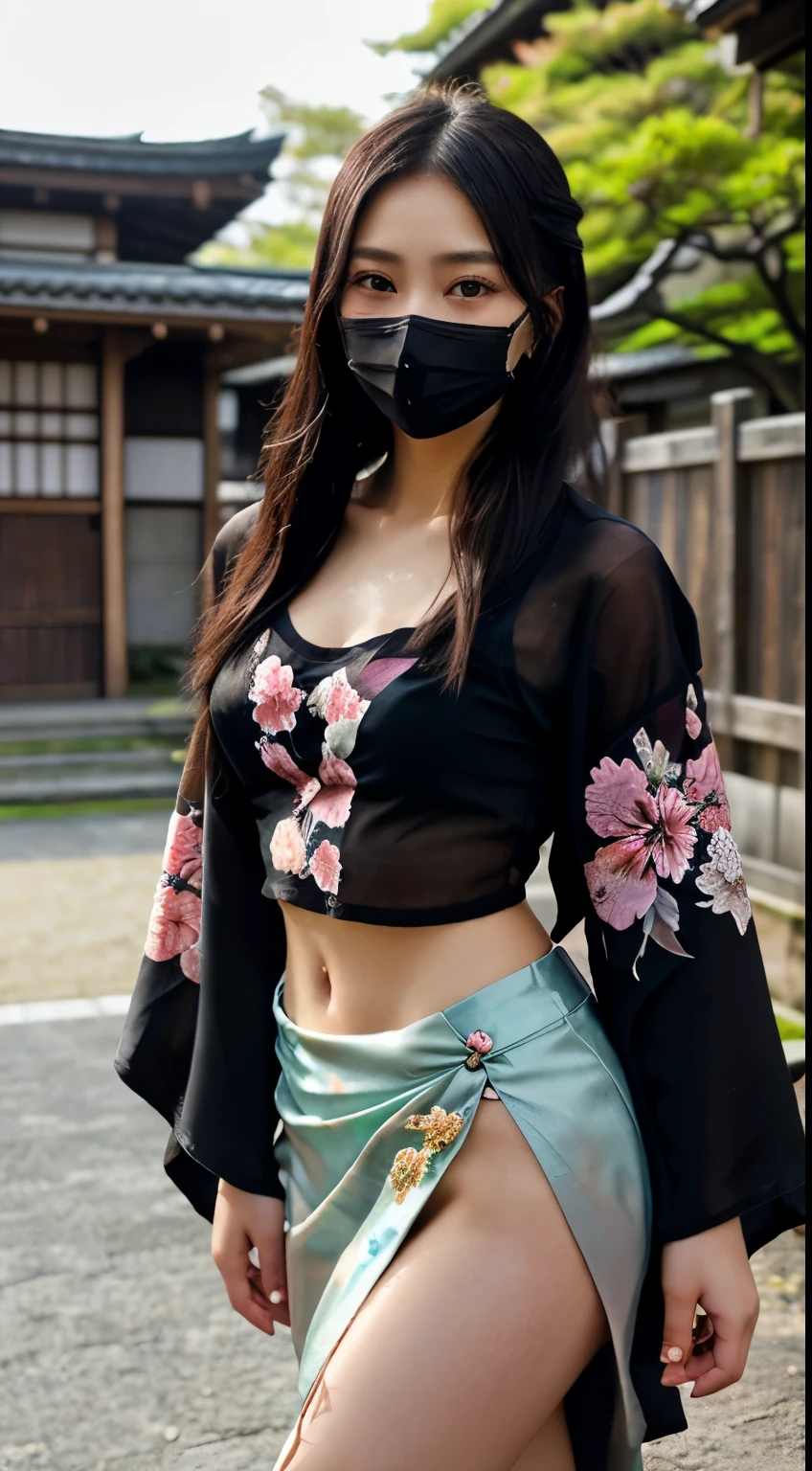 最high quality、high quality、best image quality、8K、最High resolution、High resolution、最high quality、masterpiece、RAW photo、realistic atmosphere、(detailed face)、(fine hands、thumb1reference4)、(beauty of japan )、very nice face、cute face、((beautiful japanese girl))、(japanese woman), ((18 year old beautiful girl))、(glossy black hair)、(straight long hair)、(ponytail)、whole body、slim style、(shiny skin)、(Fair skin, Glossy skin)、real human skin、realistic human body structure、perfect body, perfect face, perfect hands, perfect fingers, perfect lips, perfect eyes,perfect teeth、perfect background, perfect atmosphere, natural soft light、photon mapping、Ainu ethnic clothing、Miko costume、japanese traditional、(kunoichi kimono)、In front of an old Japanese samurai residence、((Transparent sheer dark color(floral crop top kimono、side slit mini skirt、mouth mask))、Dynamic pose with combat in mind