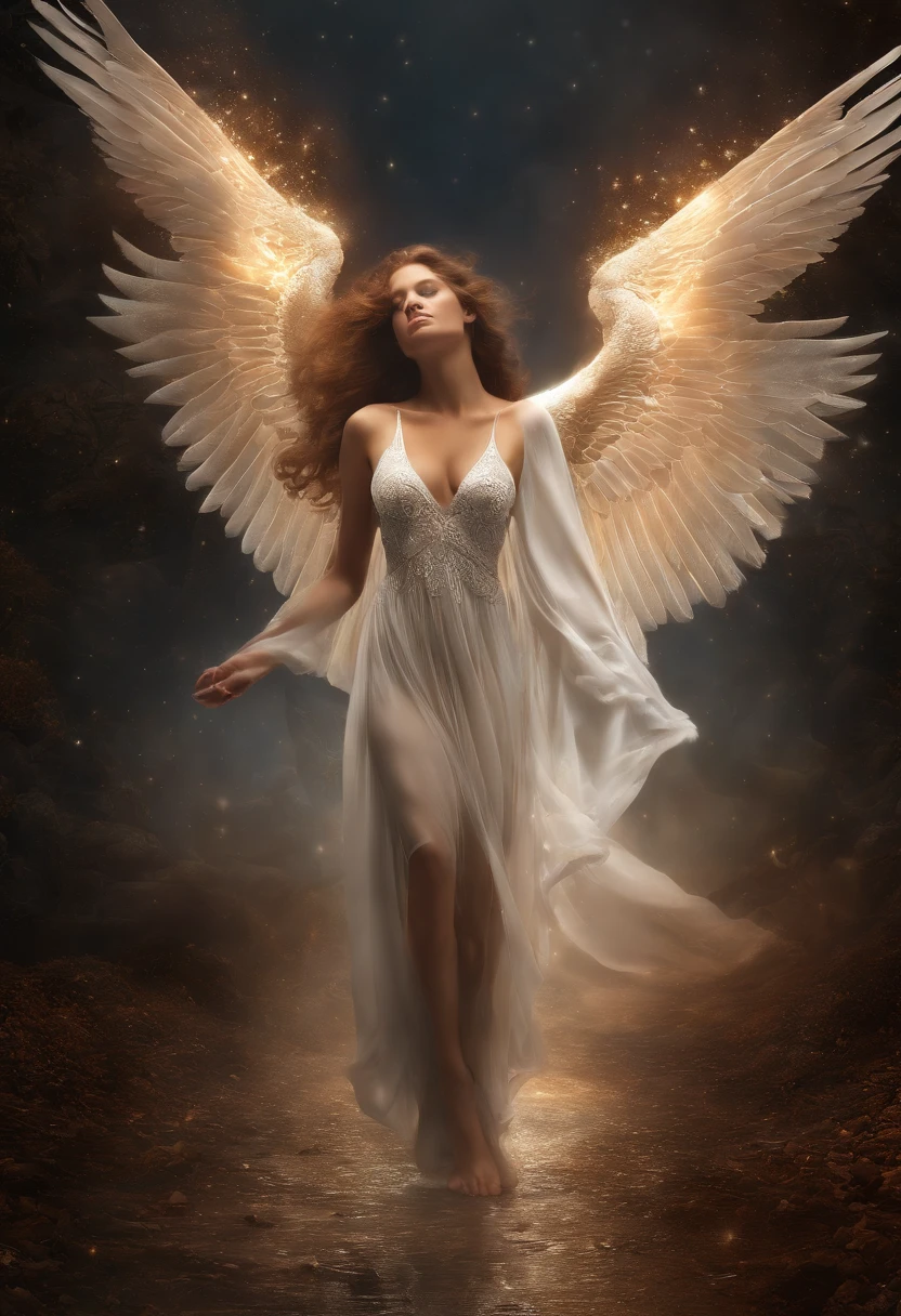 Nesthor Mota dos Santos Cosmic Fallen Angel, olhos claros brilhantes, Biomechanicals, estranho, assustador, Pesadelo, cores muito brilhantes, light particles, com luz brilhante, Mshiff, Arte do papel de parede, Papel de parede UHD