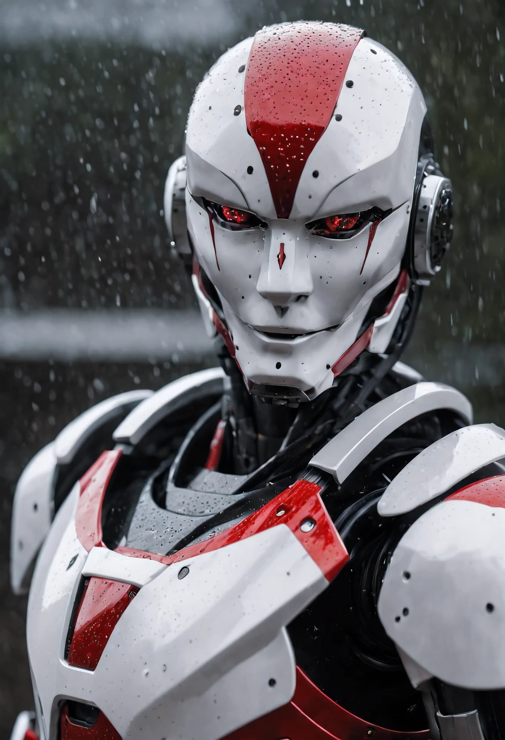 the photo shows a close-up of a humanoid robot or person in an advanced suit of armor. The design is sleek and modern, with red and white accents on a mostly black and gray base. It appears to be raining, as water droplets can be seen on the surface of

