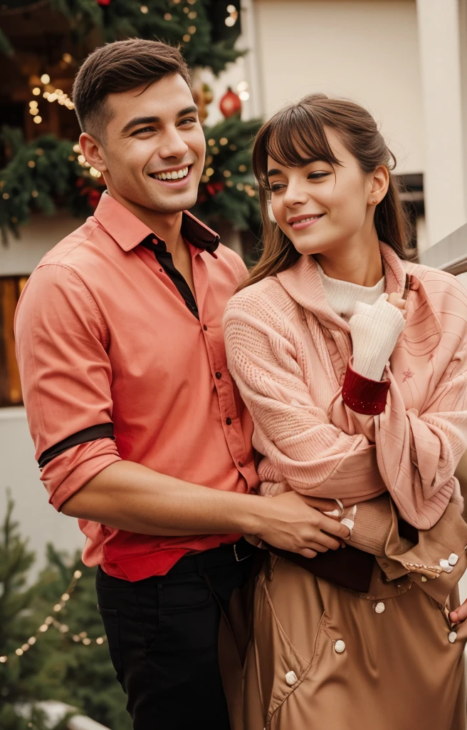 A couple hugging on the balcony during Christmas, they are in Christmas clothes