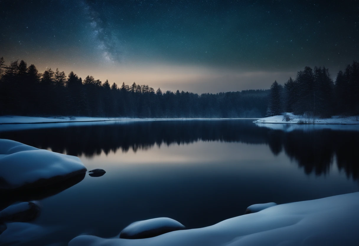 A winter landscape showing a forest and a lake in the middle during a starry night