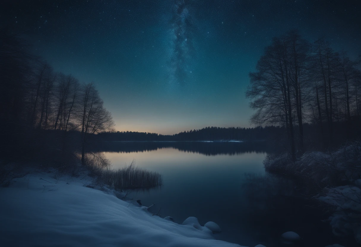 A winter landscape showing a forest and a lake in the middle during a starry night