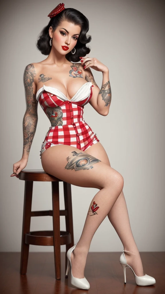 Detailed and realistic representations of a lush woman, Shadowless Face, by Elisha Cuthbert, 27 years old, blonde hair, radiating a distinctive pin-up style. (posing full body, medium breasts, thin waist, wide hips, thick thighs, TONED ABDOMS), extremely sexy. Realistic. Dressed in DENIM SHORTS, a red top with white polka dots and high heel sandals. Although the classic features are present, the pin-up's talent is undeniable. Artistic tattoos on your body add a contemporary touch. Their postures and expressions, combined with their pin-up looks, create a fusion between classic vintage and contemporary. ((white photo studio background, hot session. Ultra-realistic photography. bright, intense white lighting, shadows cast behind)). Front view.