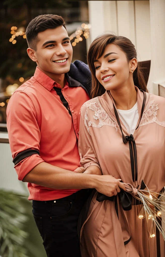 A couple hugging on the balcony during Christmas, they are in Christmas clothes