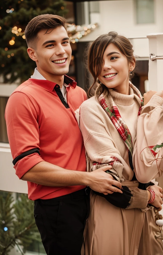 A couple hugging on the balcony during Christmas, they are in Christmas clothes