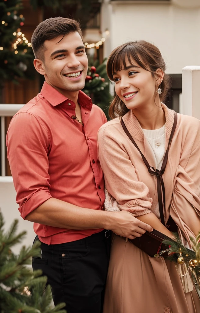 A couple hugging on the balcony during Christmas, they are in Christmas clothes 
