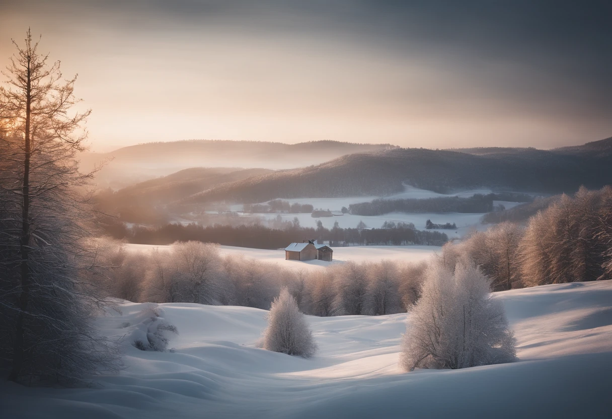 Elegant, subtle winter landscape. Warm, soft light.