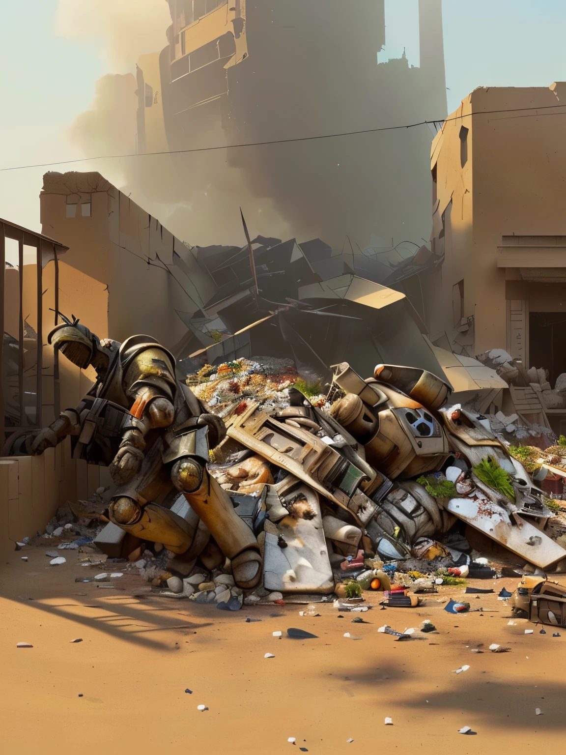 there a man that sitting on a pile of rubble, discarded mech suit in background,, destroyed clothes, collapsed floors, with several broken statues, damaged structures, piles of trash and junk, destroyed human structures, destroyed robot dogs remains, broken statues, scattered rubbish and debris, debris on the ground, traditional japanese concept art, andreas rocha style, stylized fantasy artwork, anime epic artwork, detailed render