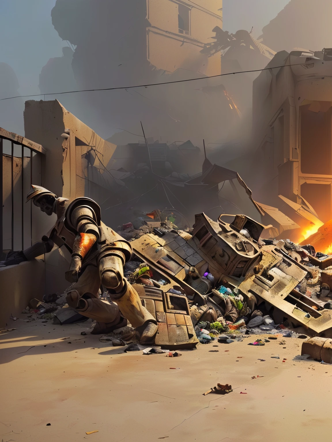 there a man that sitting on a pile of rubble, discarded mech suit in background,, destroyed clothes, collapsed floors, with several broken statues, damaged structures, piles of trash and junk, destroyed human structures, destroyed robot dogs remains, broken statues, scattered rubbish and debris, debris on the ground, traditional japanese concept art, andreas rocha style, stylized fantasy artwork, anime epic artwork, detailed render